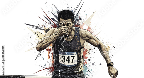 Runner splashing water on face during intense race, abstract paint splashes