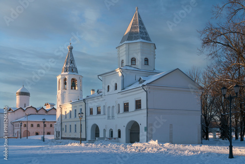 The Gate Tower of the Gostiny Dvor and the Bell Tower of St. Nicholas Cathedral on Yaroslavo Dvorishche on a winter day, Veliky Novgorod, Russia