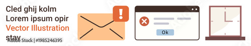 Communication, email notifications, errors, alerts, system UX, time management. An envelope with an alert, error message box and window graphic. Communication and email notifications concept