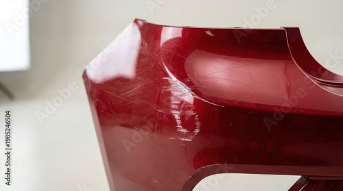 Car accident insurance estimate damage detail, scratched red rear bumper closeup in auto body shop background neutral