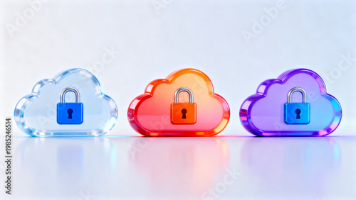 Secure cloud data storage concept with three locked cloud icons in vibrant colors