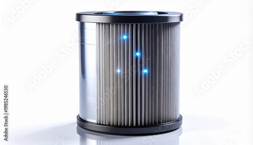 Air filter carbon capture technology device glowing blue light clean modern design sustainable concept