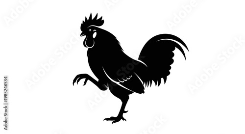 Silhouette Rooster Standing One Leg Up, Farm Animal Vector Art