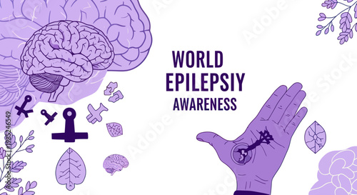 World Epilepsy Awareness - Brain, Hand Holding Key, Medical Symbols