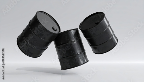 Oil barrel fuel price volatility energy market concept with three black steel drums floating minimal background