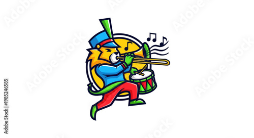 Cartoon Lion Playing Trumpet and Drum in Marching Band