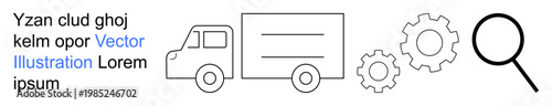 Logistics, supply chain management, shipping, product delivery, process optimization, data analysis. Outline of a truck, gears and magnifying glass. Logistics and supply chain illustrated