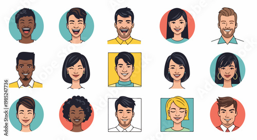 vector illustration of female and male avatar face portrait with smile, anger, emotion, laugh