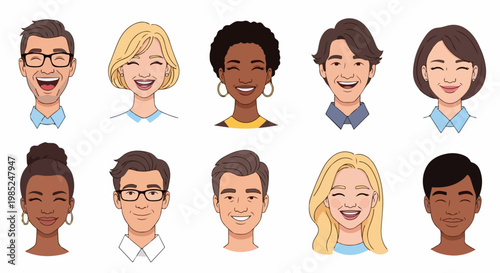 vector illustration of female and male avatar face portrait with smile, anger, emotion, laugh