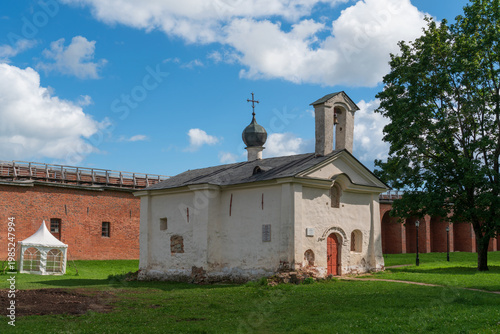 Saint Andrew Stratelates Church near the walls of the Novgorod Kremlin (Novgorodsky Detinets) on a sunny summer day, Veliky Novgorod, Russia
