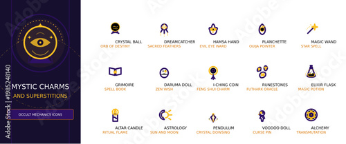 Mystic Charms and Occult Vector Icon Set, Minimalist Outline UI Elements for Magic and Superstition
