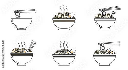 A minimalist illustration of six different bowls of ramen with chopsticks
