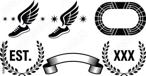 A clean vector illustration featuring running shoes with wings, a laurel wreath, and a stadium track