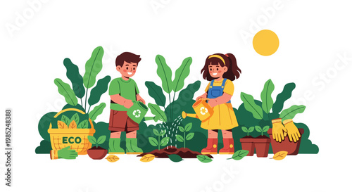 Two cheerful children are watering green plants in a vibrant outdoor garden filled with pots, a basket, and various gardening tools.