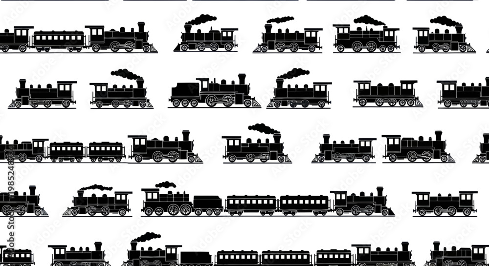 Obraz premium Seamless Pattern of Vintage Steam Train Silhouettes