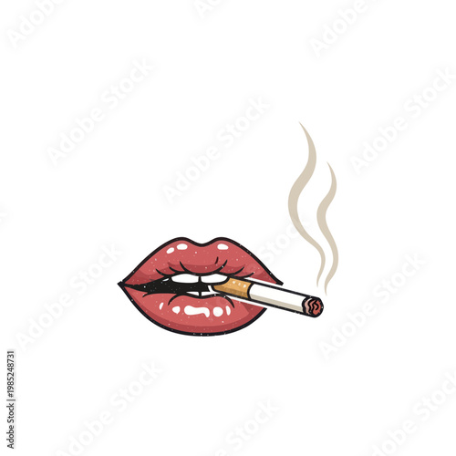 Woman's Red Lips Smoking Cigarette with Smoke Wisps