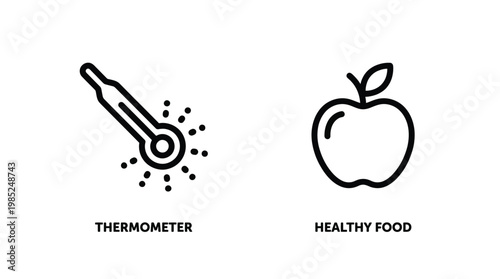 Healthy food and thermometer icons, line style, black, for health and wellness concepts