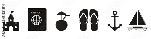 Black beach icons set including palm trees sailboats umbrellas and tropical drinks on white background. Flip flop icon black silhouette and outline vector set for summer travel design, vector illustra