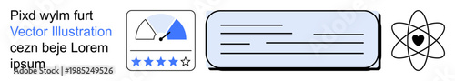 User reviews, ratings, scientific methods, data visualization, evaluation systems, educational tools. Icons of rating stars, a diagram and an atom outline. User feedback and ratings concept