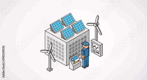 Eco-friendly building with solar panels and wind turbines generating unique solar wind energy