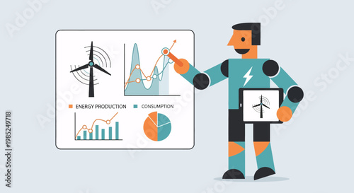 Robot analyzing unique solar wind energy production and consumption
