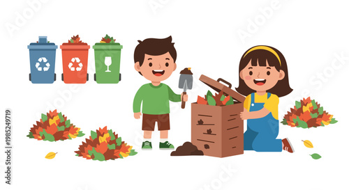 A young boy and girl are happily gathering autumn leaves into a wooden compost bin next to a row of colorful recycling containers outdoors.