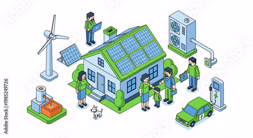 Eco friendly home with solar panels and wind turbine