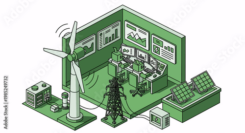 Isometric renewable energy control room with solar wind power