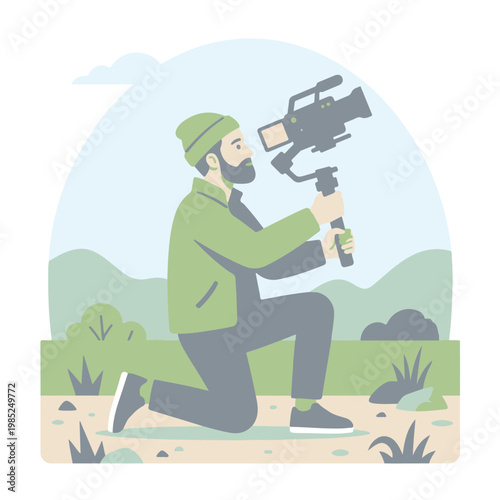 Filmmaker Kneeling with Professional Video Camera on Gimbal Outdoors.