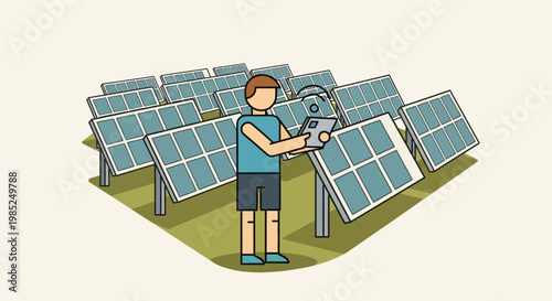 Man inspecting solar panels in a field with unique solar wind