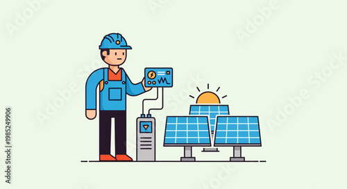 Cartoon engineer installing unique solar wind energy system