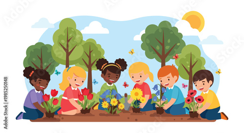 A group of six diverse children are happily planting a variety of colorful flowers in a beautiful garden under a sunny sky with tall trees.