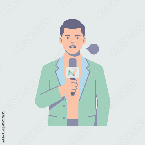 Journalist Holding Microphone Reporting News Live.