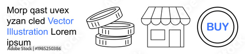 Online shopping, e-commerce platforms, digital transactions, retail business, sales strategy, mobile app development. Coins, storefront and a BUY button symbol. E-commerce and online shopping