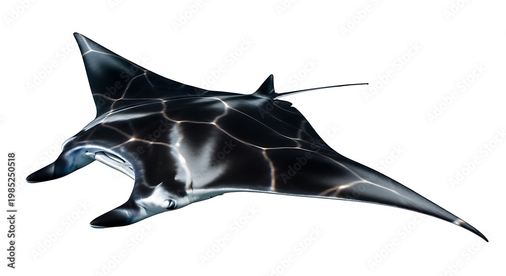 Fototapeta premium A sleek, black manta ray with a patterned skin, gracefully floating against a white background