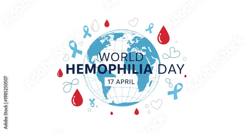 A vector illustration for World Hemophilia Day features a blue globe surrounded by red blood drops and light blue ribbons, symbolizing support for bleeding disorder awareness on a clean