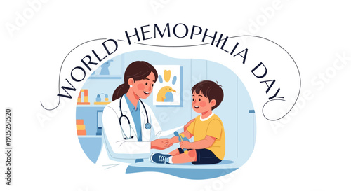 A supportive doctor is shown examining a young boy with a blood disorder, symbolizing World Hemophilia Day, with a compassionate and caring illustration in a medical awareness campaign