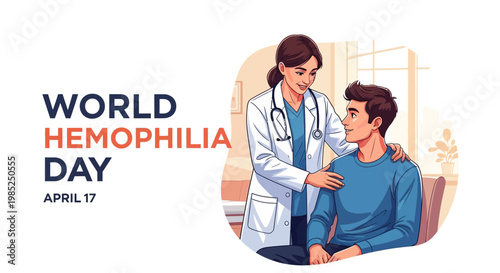 On World Hemophilia Day, a caring doctor places her hand reassuringly on a patient's shoulder in a supportive gesture, set against a clean white background with a compassionate, healthcare