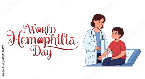 A compassionate doctor is shown examining a young patient with hemophilia in a brightly lit hospital setting, emphasizing blood health and genetic disorder awareness with a clean, modern