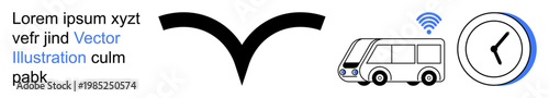 Public transportation, smart connectivity, technology, punctuality, travel planning, community service. Black emblem, bus with wireless symbol clock icon. Public transportation and smart