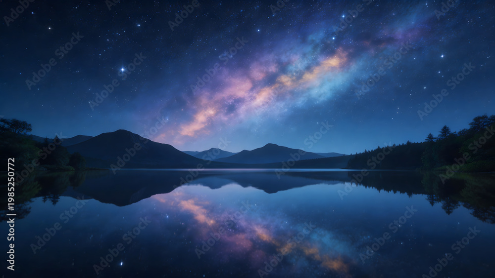 Fototapeta premium Night sky with stars and mountain reflection