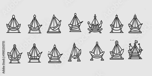 icon sheet collection of pirate ship amusement park rides and swinging viking boat attractions in a clean monoline vector style for carnival themes.