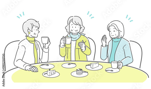 カフェでお茶会を楽しむシニア女性グループのイラスト、コーヒーを飲みながら談笑するシニア女性たち