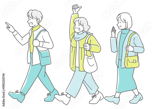 笑顔で旅行に出かけるシニア女性グループのイラスト、並んで楽しそうに歩くシニア女性たち