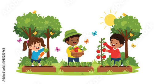 Three happy children of diverse backgrounds work together in a vibrant garden, picking fresh vegetables under a bright, sunny sky.
