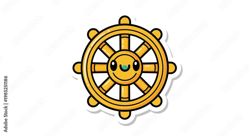 Fototapeta premium Cute Golden Ship Steering Wheel with Happy Face - Nautical Cartoon Icon