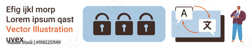 Cybersecurity, language translation, data security, global communication, multilingual access, online safety. Three padlocks and a language software interface . Cybersecurity and language translation