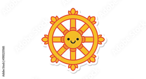 Cute Dharma Wheel Cartoon Character Smiling - Buddhism Symbol
