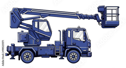 Blue aerial work platform truck with extendable boom lift, isolated on white background.