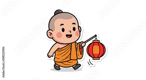 Cute cartoon monk child holding red lantern, smiling, walking, isolated on white background